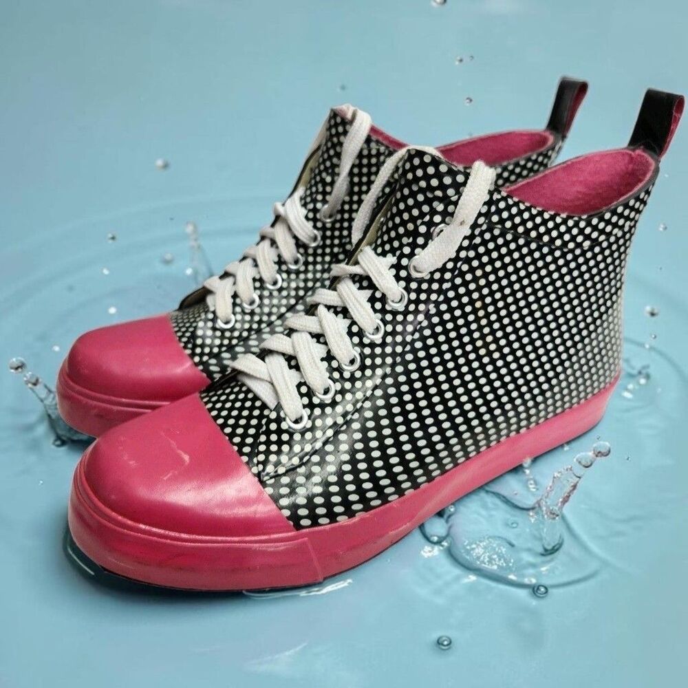 LA Gear High Top Rain Boots Womens 8 Polka Dot Black Pink Rubber Vintage 90s